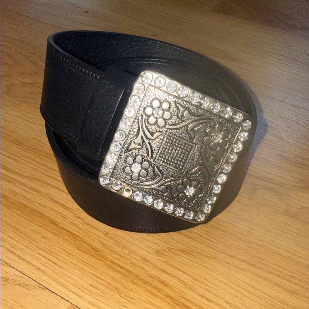 Fossil Black Leather Belt with Silver Rhinestone Square Buckle